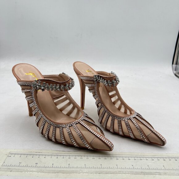 FYS Nude Pointed Toe Slip on Mules Rhinestone Studded Stiletto High Heel Sandals - Picture 4 of 8
